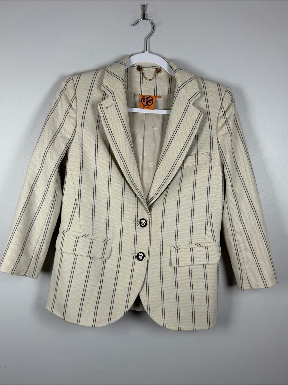 Tory Burch Woman's Runway Emett Ivory White Navy Pinstripe Blazer Jacket Size 2